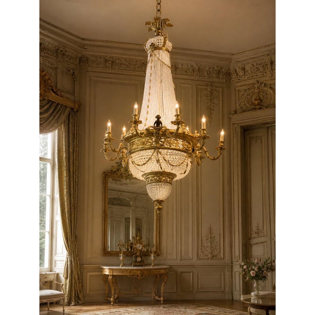 French Mid20C Artisan Louis XVI Gold Bronze Crystal Chandelier-1 Pc For Sale - Image 3 of 18
