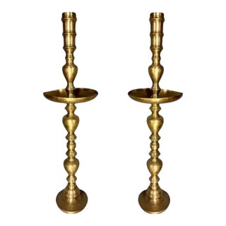 Vintage Brass Moroccan Floor Candelabra Set | Large Brass Pillar Candlesticks For Sale