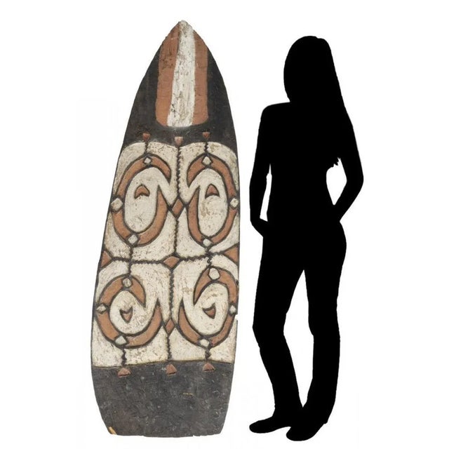 A monumental, rare and important Oceanic Papuan Asmat People tribal carved war shield from the first half of the 20th...