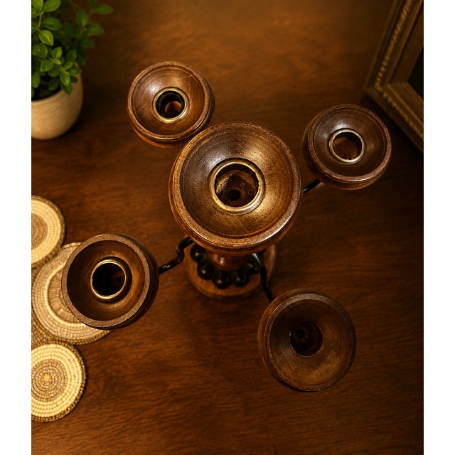 Vintage MCM Wood & Metal 5 Arm Candle Holder Candelabra For Sale - Image 4 of 4