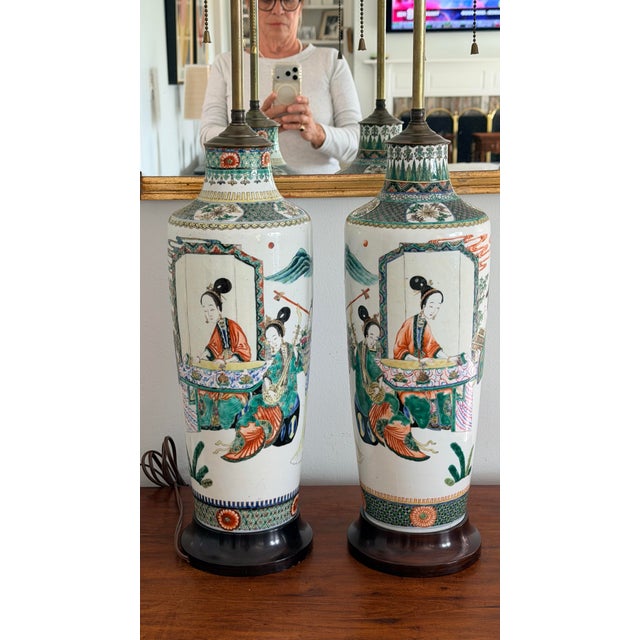 Late 19th Century Monumental Late 19th Century Chinese Famille Verte Porcelain Rouleau Vases Set as Lamps Pair For Sale - Image 5 of 12