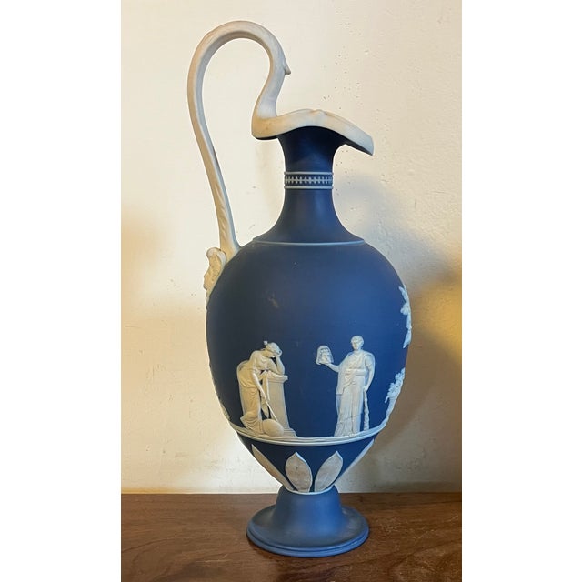 Antique 19th Century Wedgwood Dark Blue Jasperware Oinoche Vase, Urn or Ewer Decorated With Apollo and the Muses Circa 1850 For Sale - Image 17 of 18