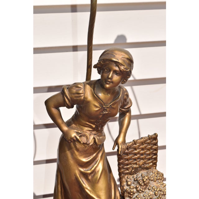 Victorian 1950s Pair L&F Moreau Art Nouveau Brass Spelter Lamps For Sale - Image 3 of 11