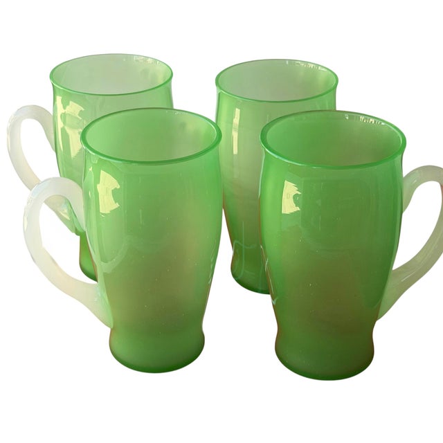 Set of 4 Carder Steuben Art Deco Jade & Alabaster Glass Handled Tumblers.