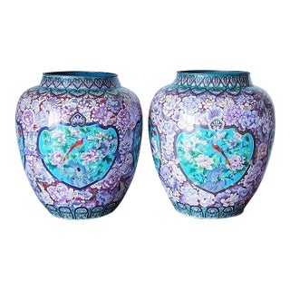 Early 20th Century Large Japanese Cloisonne Jardiniere Depicting Birds and Flowers, a Pair For Sale