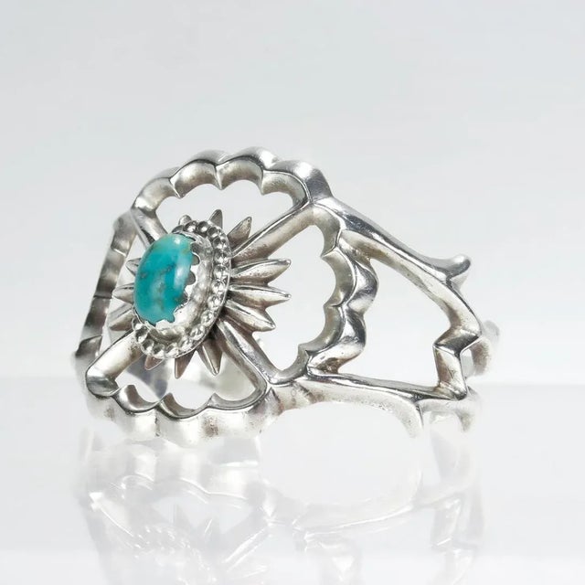 Metal Vintage Native American Navajo Silver & Turquoise Cuff Bracelet For Sale - Image 7 of 11