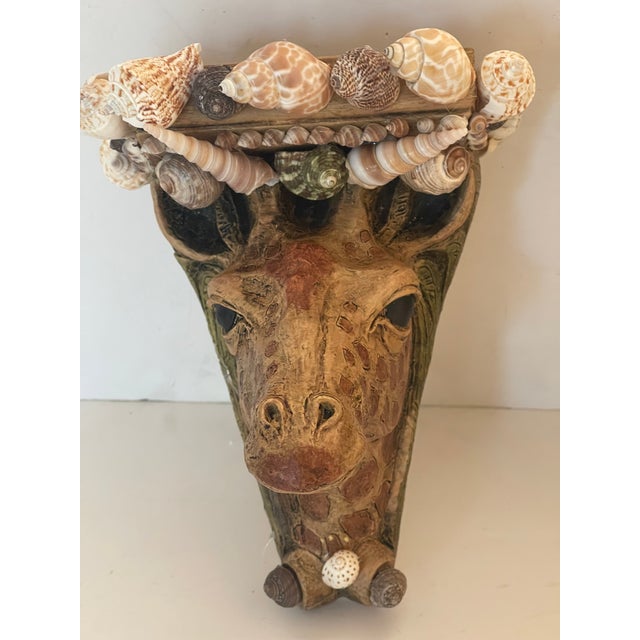 1970s Vintage Gorgeous Pair of Giraffe Wall Brackets Encrusted With Sra Shells For Sale - Image 5 of 6