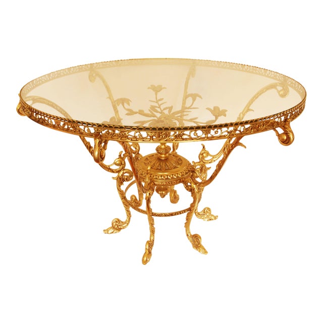 Ornate Round MidCentury Brass & Glass Coffee Table Chairish