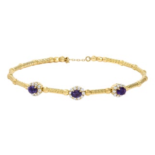 18K Yellow Gold Purple Amethyst and 1/3 Cttw Diamond Halo Station Bracelet For Sale