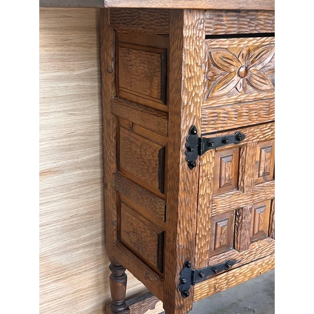 19th Spanish Baroque Carved Walnut Tuscan Two Drawer Credenza or Buffet For Sale - Image 10 of 18