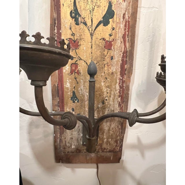 Pair of Dramatic and Unusual Belle Epoque Painted Panel Wall Sconces. Unique Panel Details Add Rustic Elegance and Charm. . Rustic Elegance and Charm. For Sale - Image 10 of 10
