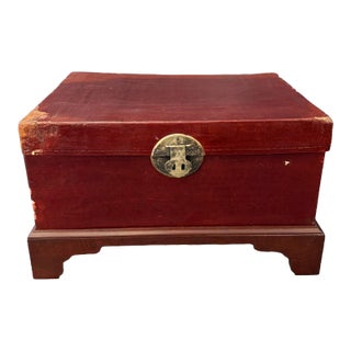 Mid 20th Century Red Leather Trunk on Wooden Stand For Sale