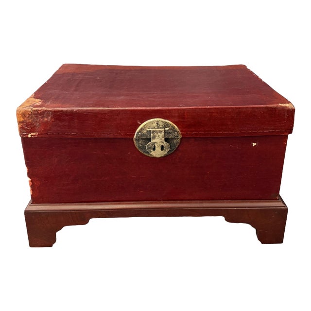 Mid 20th Century Red Leather Trunk on Wooden Stand For Sale