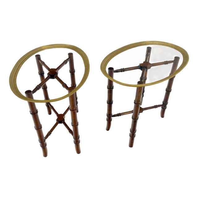 Pair Oval Brass Gallery Glass Top Faux Bamboo Bases End Side Tables Stands MINT For Sale