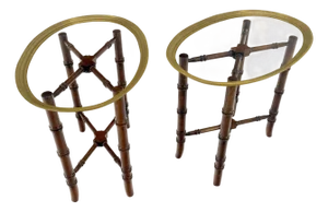 Pair Oval Brass Gallery Glass Top Faux Bamboo Bases End Side Tables Stands MINT