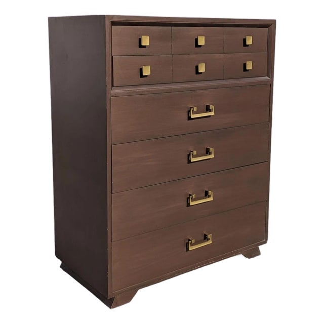 Mid-Century Modern Six-Drawer Tallboy Dresser With Brass Handles For Sale