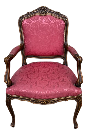 A Vintage Red Upholstered Carved French Style Bergere Arm Chair.