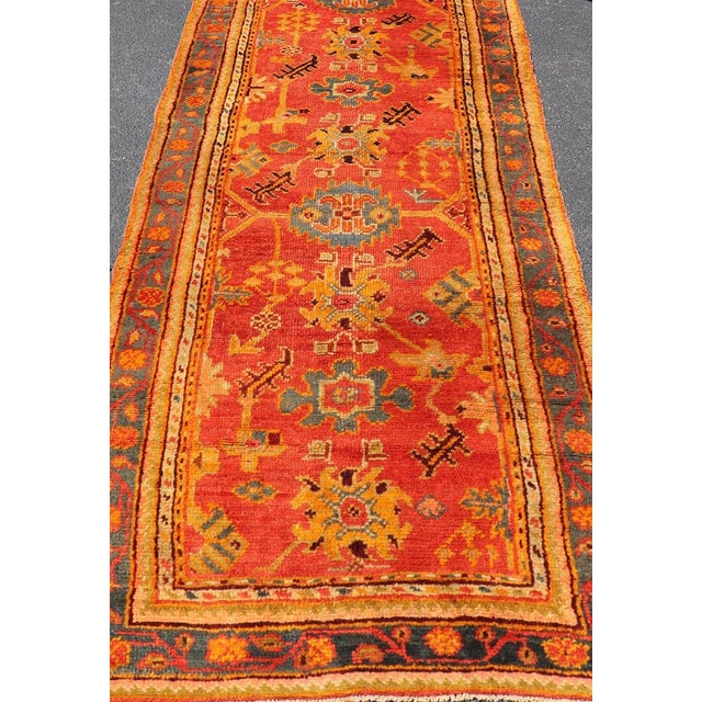 Red and Light Blue Wide Antique Turkish Oushak Gallery Runner For Sale - Image 13 of 18