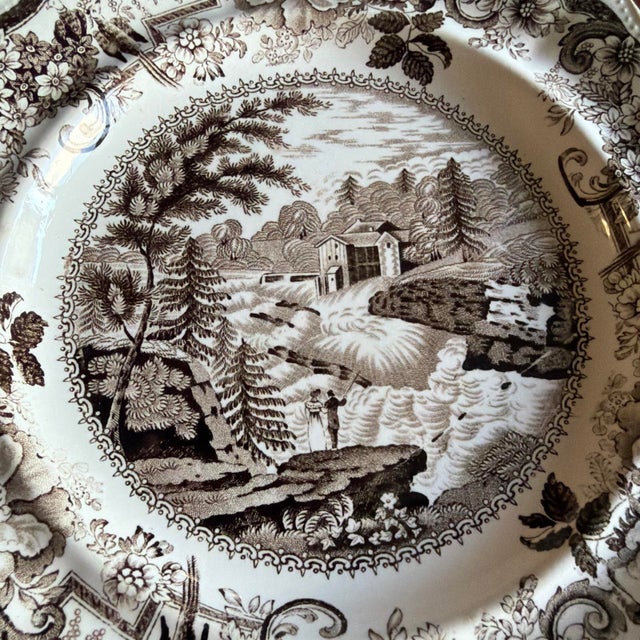 Antique Brown Transferware Staffordshire Plate, "Baker's Falls, Hudson River" Made in the Staffordshire area of England,...