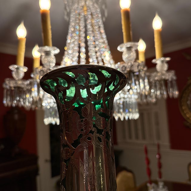 Art Nouveau Antique Alvin American Art Nouveau Green Floral Silver Overlay Vase For Sale - Image 3 of 10