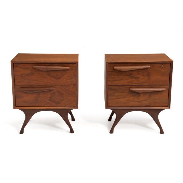 Mid Century Sculptural Walnut Bedroom Set Tall Chest Dresser Two Nightstands Made in Japan 1960s For Sale - Image 14 of 18