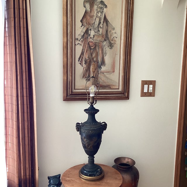 Antique French Patinated Spelter Urn Lamp With Rams Heads and Cherubs, Marble Brass Stand For Sale - Image 10 of 12