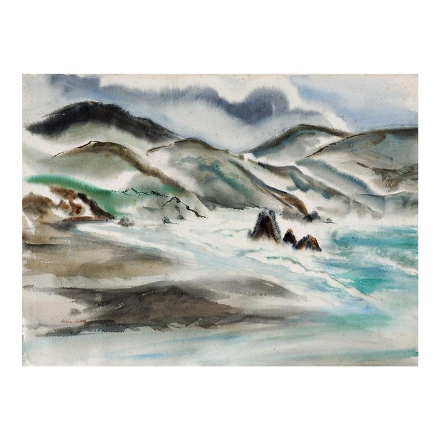 Mid 20th Century Modernist California Coastal Seascape Watercolor Painting For Sale