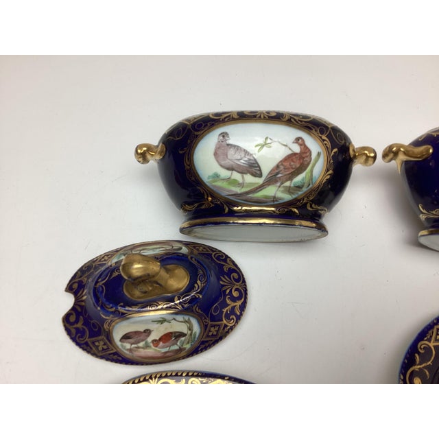 Ceramic Pair Antique Coalport Porcelain Cobalt With Birds Covered Sauce Tureens With Under Plates For Sale - Image 7 of 12