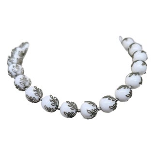 Vintage 1950s Signed Crown Trifari Silvertone White Beaded Filigree Necklace For Sale