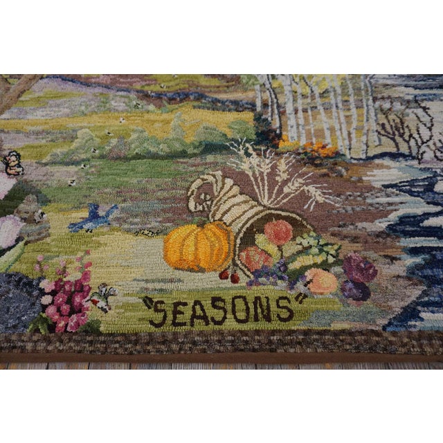 Mid 20th Century 1940s Multicolor Scenic Winter Folk Art American Hooked Rug 3'2" X 3'10" Handknotted Wool Carpet For Sale - Image 5 of 10