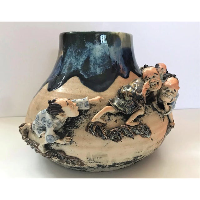 1920s Sumida Gawa Vase With Figures by Famous Potter