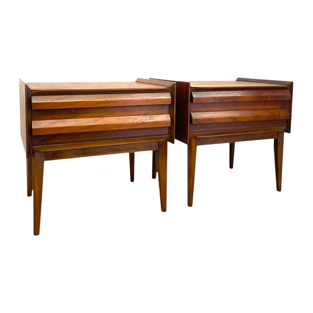 Wood Vintage Lane First Edition Mid Century Modern Walnut Nightstand End Table Set by Lane Furniture, Pair For Sale - Image 7 of 13