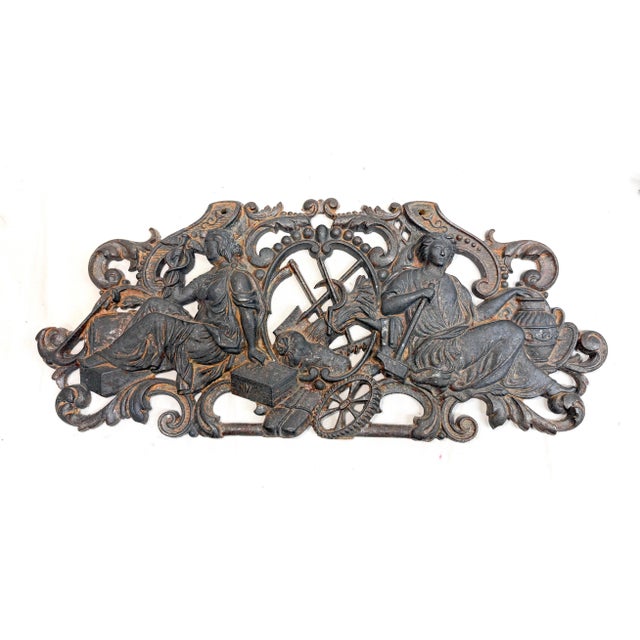 Up for sale is an exquisite antique French cast-iron allegorical wall plaque featuring two figures representing industry,...
