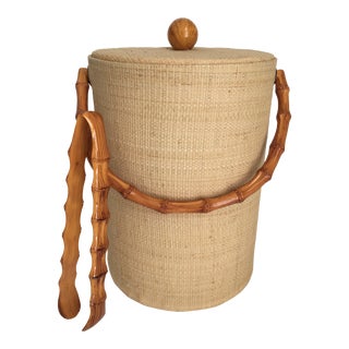 Palm Beach Style Grasscloth & Bamboo Accented Tall Ice Bucket & Tongs Set For Sale