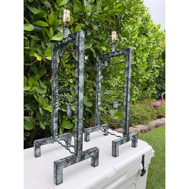 Vintage Large Postmodern Memphis Style Iron Table Lamps With Faux Verdigris Finish, Pair For Sale - Image 4 of 12