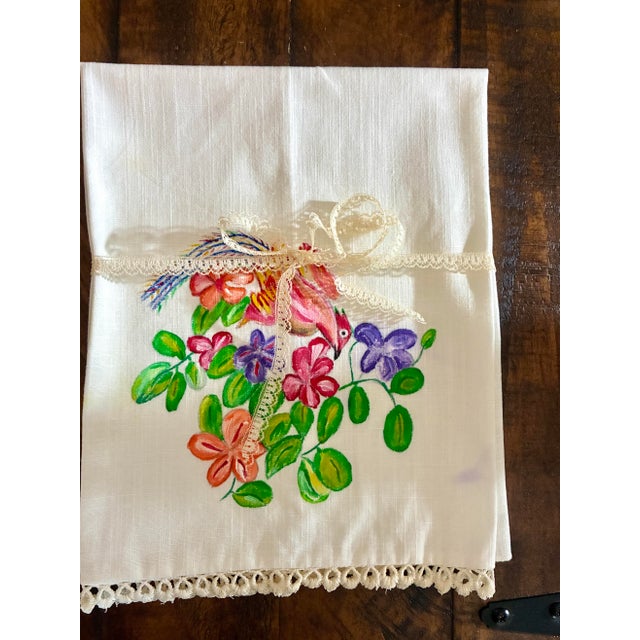 Vintage Hand Painted Hand Towel / Tea Towels or Kitchen Towel Lace Trim Ivory With Floral Bird Painting For Sale - Image 9 of 9