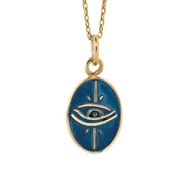 Contemporary Blue Enamel Evil Eye Minimalist Gold Protective Necklace For Sale - Image 3 of 8