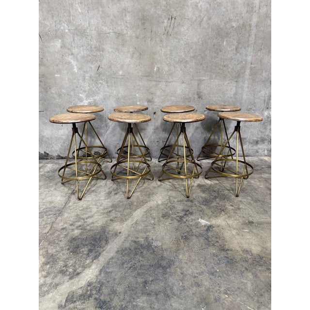 Arteriors Wyndham Swivel Counter Stools Set of 8 Natural Wax Wood Vintage Brass For Sale In San Francisco - Image 6 of 10
