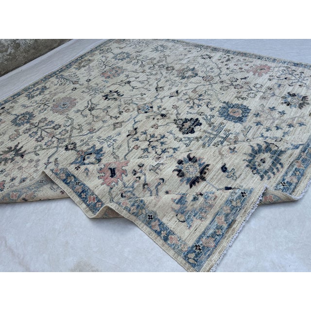 Ivory Oushak Turkish Rug, Ivory and Blue 8'4" X 9'10" For Sale - Image 8 of 9