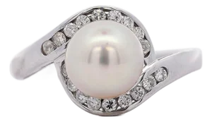 8.5mm White Pearl and Round Diamond Bypass Platinum Ring, Size 8.5