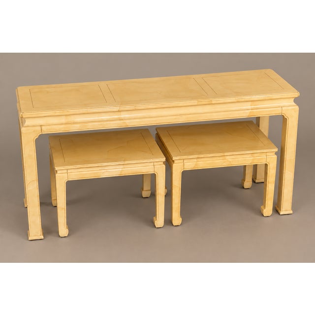 Cream Henredon Ming Goatskin Console Table With Two Stools 1970's For Sale - Image 8 of 11