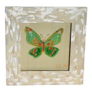 Original Butterfly Painting on Canvas in Mother of Pearl Frame For Sale