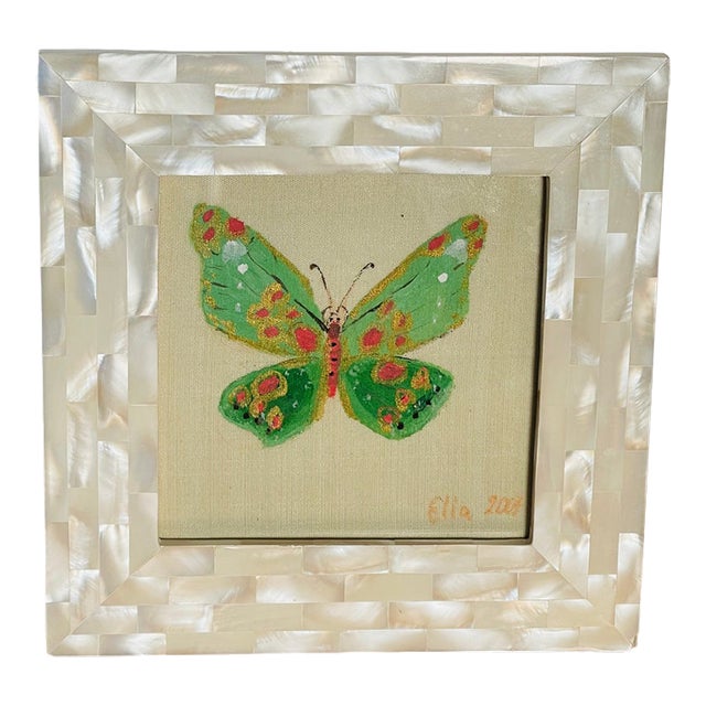 Original Butterfly Painting on Canvas in Mother of Pearl Frame For Sale