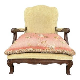 1980s Vintage French Country Style Upholstered Arm Chair by Vanguard With Carved Woodwork Scalloped Club Chair For Sale