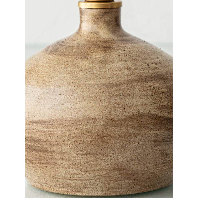 20th Century Modern French Studio Pottery Stoneware Table Lamp with Rattan Shade, 1950s For Sale - Image 12 of 15