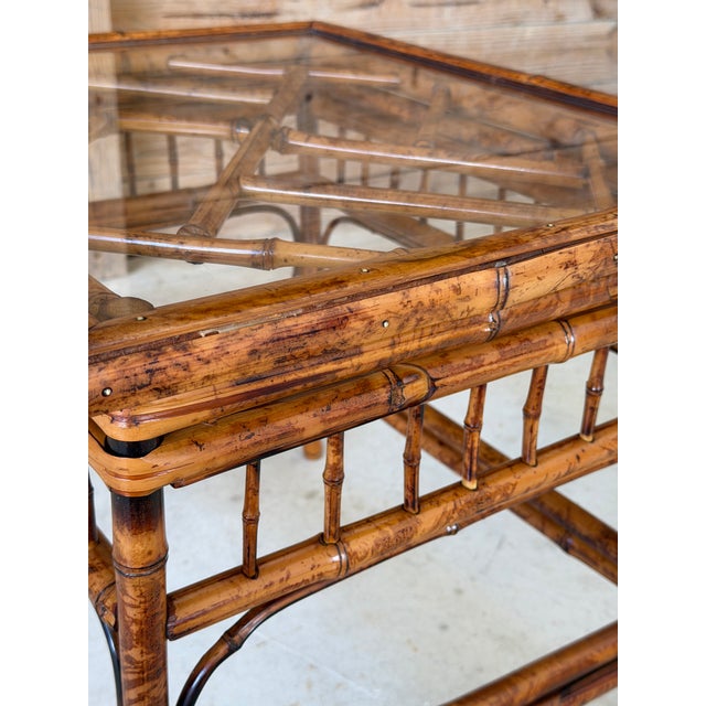A beautifully restored Brighton Pavilion style bamboo side table by Mersman, showcasing timeless British Colonial...