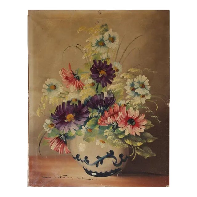 Antique French Oil Painting of Flowers in a Vase For Sale