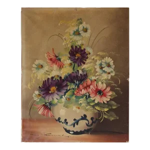 Antique French Oil Painting of Flowers in a Vase