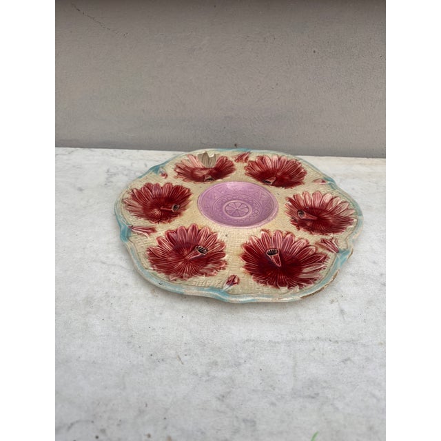 Rare 19th Century, English Majolica Oyster plate by Samuel Lear. Red flowers.