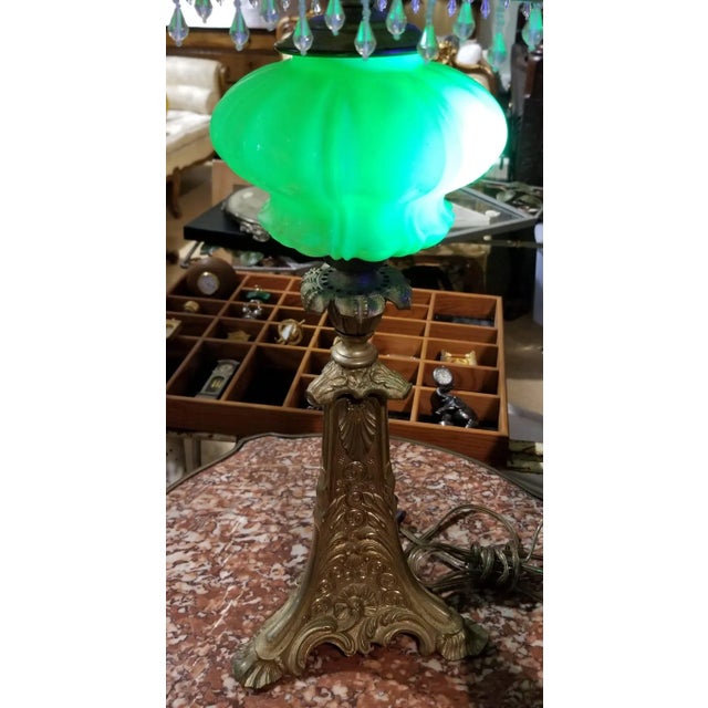 French French Dore' Electrified Vaseline Glass Oil Lamp For Sale - Image 3 of 9